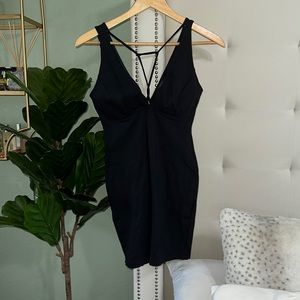 Black mini dress with strappy front detailing